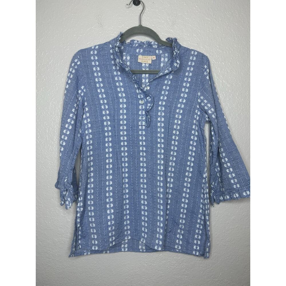 Rungolee Jacqueline Blouse Blue Floral Popover Top Ruffle Embroidered Size Small